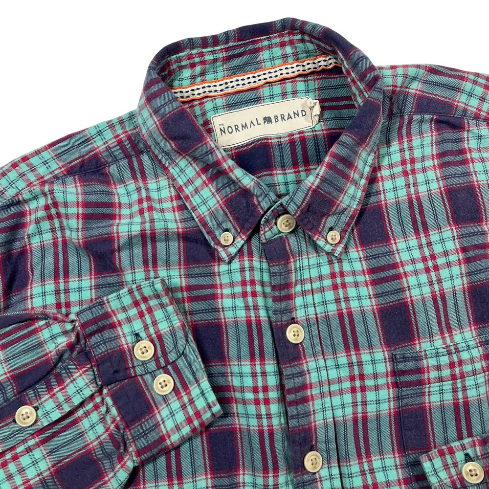 The Normal Brand Plaid Button Down Mens Large Teal Purple Cotton Rugged Shirt